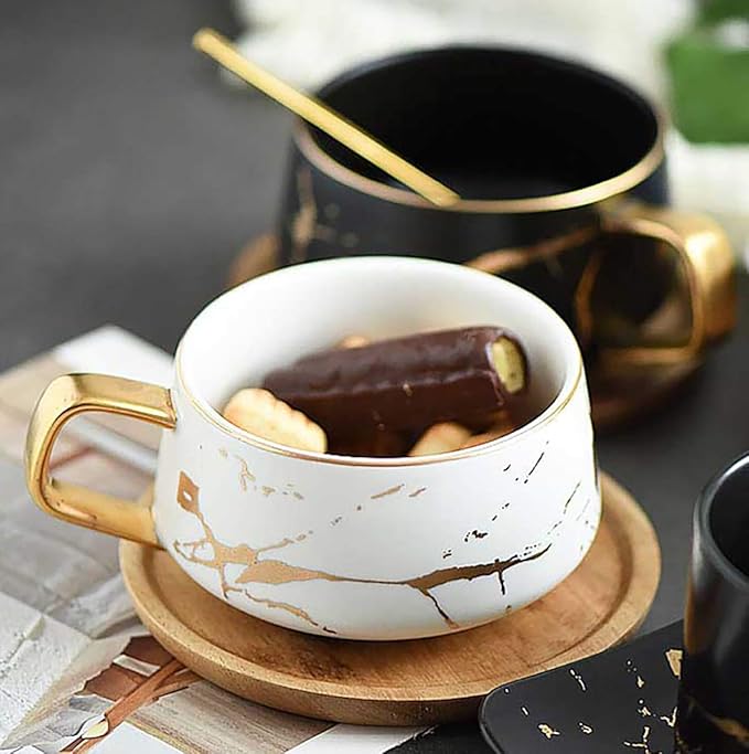 Jusalpha 10 oz Luxury Golden Hand Print Teacup Coffee Cup with Bamboo Saucer Set TCS19 (2 Sets, White)