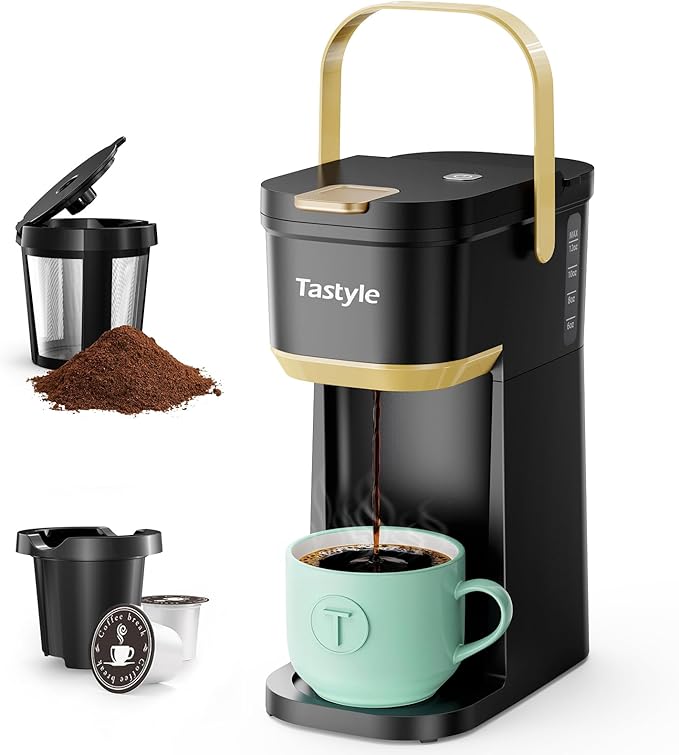 Single Serve One Cup Coffee Maker, for K Cups and Grounds, Mini Coffee Maker with Portable Handle, 6 to 12 Oz Brew Size, for Travel, Camping, Office, RV and Dorm, 120V, Black and Gold