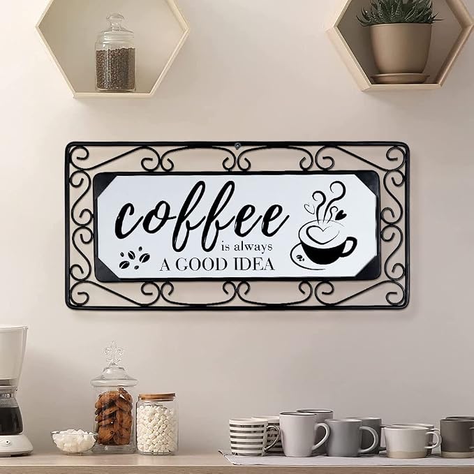 TIANCENTRAL H Metal Coffee Sign Wall Art, 16 x 7.8 Inch, Combine Wood & Scroll Frame, Perfect for Home, Kitchen, Cafe, Bar or Coffee Corner Decor by TIANCENTRALH