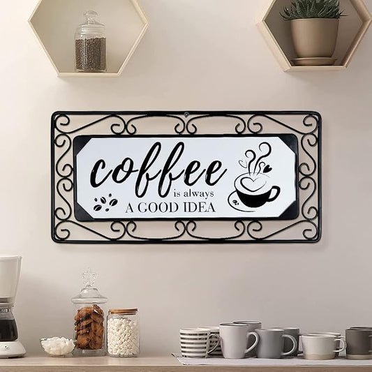 TIANCENTRAL H Metal Coffee Sign Wall Art, 16 x 7.8 Inch, Combine Wood & Scroll Frame, Perfect for Home, Kitchen, Cafe, Bar or Coffee Corner Decor by TIANCENTRALH