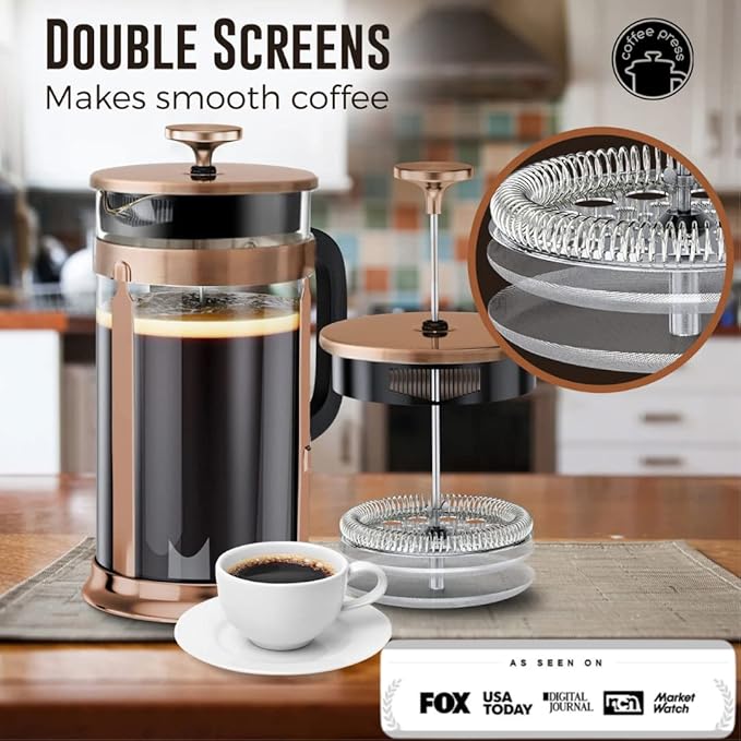 EzDtach Glass French Press Coffee Maker 34oz Copper – Double Filter Borosilicate Glass Pot with 304 Stainless Steel Coffee Press and 2 Extra Screen, Easy to Use and Clean Design for Full-Bodied Flavor