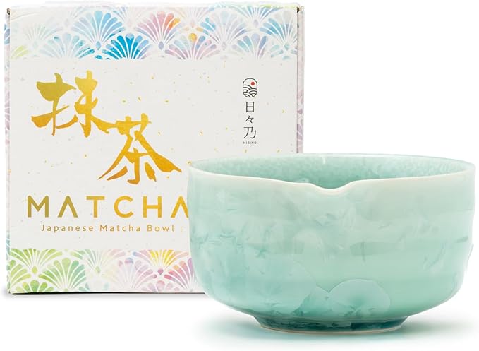 HIBINO Matcha Bowl | Japanese Crystal-Glazed Ceramic Matcha Tea Bowl with Spout | Traditional Matcha Chawan | Designed in Japan |「Crystal Shell Green」