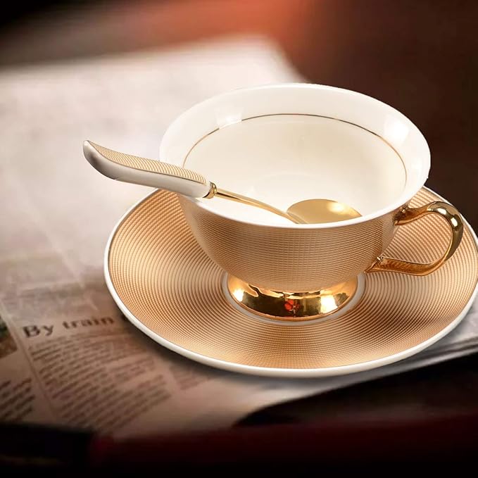 Bone China Golden Stripe Tea Cup with Saucer Spoon Set (7oz) - Cappuccino, Coffee, Tea Cup Set - British, Porcelain - Latte - Mother's Day Gift