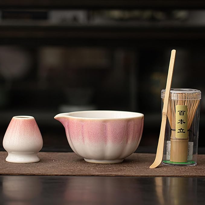 Matcha Whisk Set, Matcha Bowl with Spout, Whisk, Chasen Holder, Bamboo Scoop - 4 Pcs Perfect Kits for Matcha Lover and Tea Ceremony（Pink）
