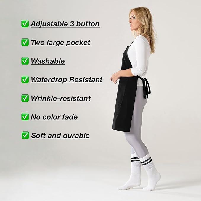 TOSHE Kitchen Apron Waterdrop Resistant Cotton Apron with adjustable Aprons for Women with Pockets 10 Color option Cooking Black Apron (Black)