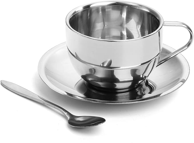 Okllen 4 Pack Stainless Steel Coffee Cup Set, 6 Oz Coffee Mugs with Spoon and Saucer, Double Walled Espresso Cups Mugs for Coffee, Latte,Tea, Milk