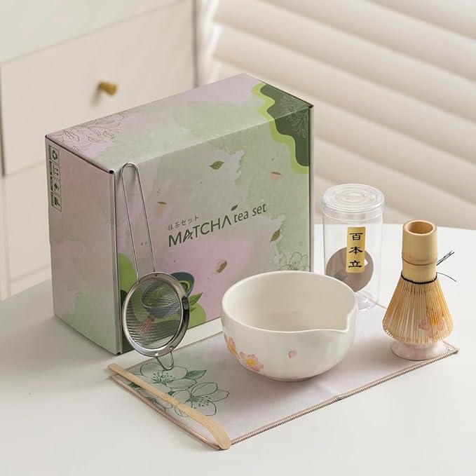 Matcha Tea Set with Sakura Ceramic Bowl, Fine Mesh Strainer and Bamboo Scoop, Japanese Style Matcha Accessories for Home Tea Ceremony.