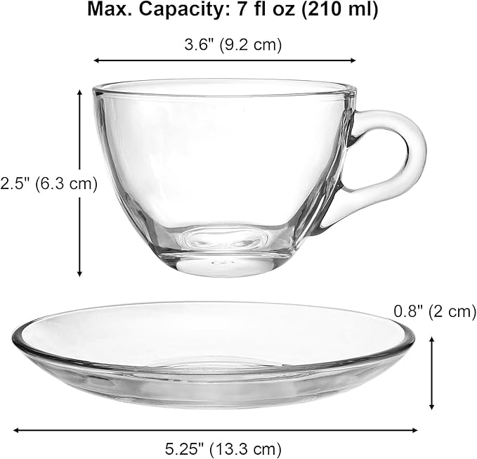 Tosnail 6 Pack 7-Ounce Glass Tea Cups and Saucers Sets Glass Coffee Mugs