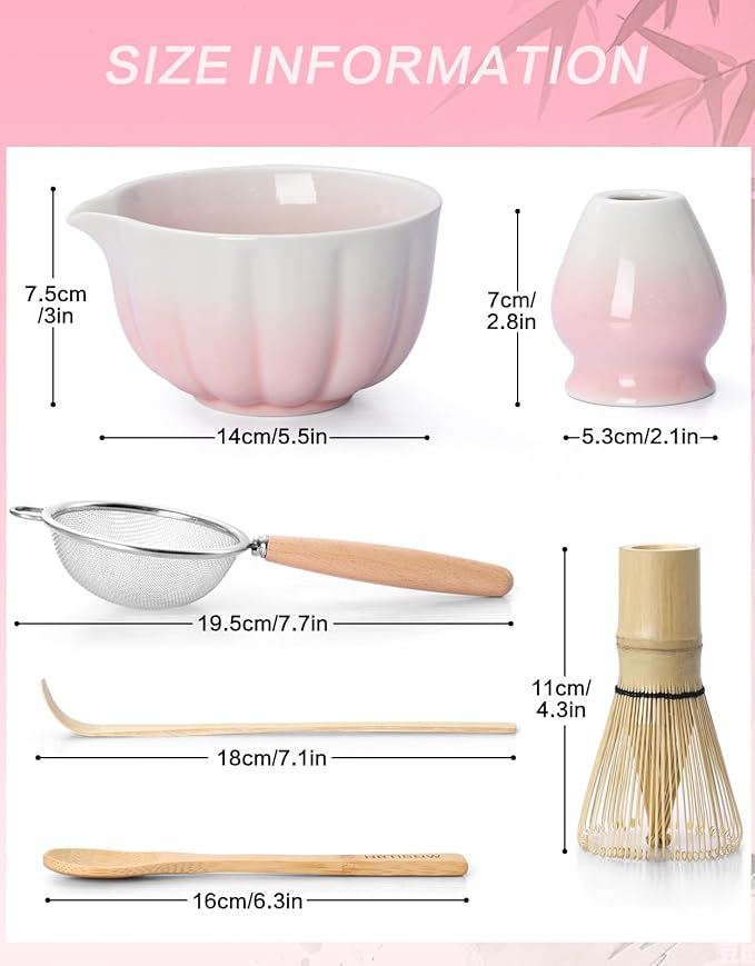 Matcha Whisk Set, 7 Pcs, Matcha Kit Includes Matcha Bowl, Matcha Whisk and Holder, Bamboo Scoop, Spoon, Sifter and Tea Towel, Matcha Set, Gift for Matcha Lovers & Beginners (Gradient Pink)