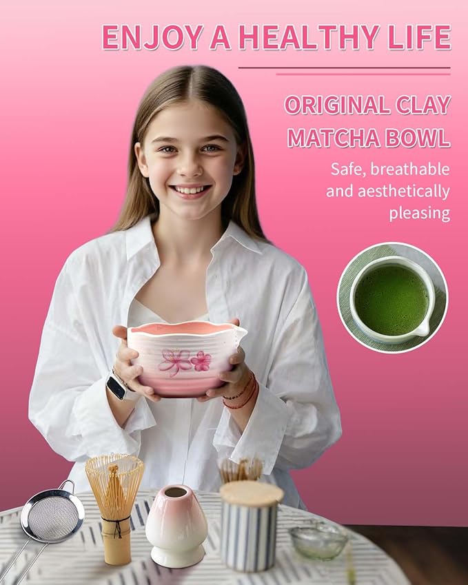 Pottery Matcha Set - Japanese Handcrafted Matcha Tea Bowl Mineral Glaze Bowl with Spout, Bamboo Whisk, Scoop & Chasen Holder | 5pc Tea Ceremony Kit for Matcha Lovers (Sakura Fubuki)