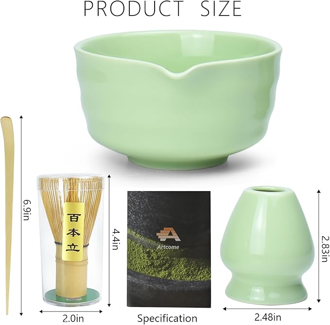 Artcome 4-Piece Matcha Tea Set - Complete Japanese Ceremony Kit with Bowl, Whisk, Whisk Holder, Scoop & Guide, Green