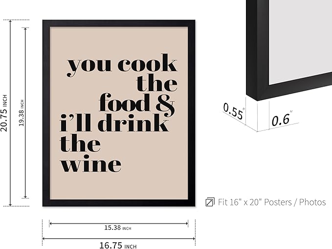 Poster Master Minimalist Poster - Funny Print - You Cook The Food, I'll Drink The Wine, Joke, Humorous, Unique - Gift for Artist, Friend - Wall Decor for Kitchen, Bar, Pub, 16x20 Black Framed
