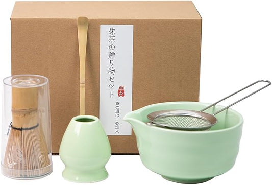 Matcha Whisk Set, Matcha Bamboo Whisk and Holder, Bamboo Scoop and Stainless Sifter, 5 Pcs Matcha Making Kit for Lover (Green)