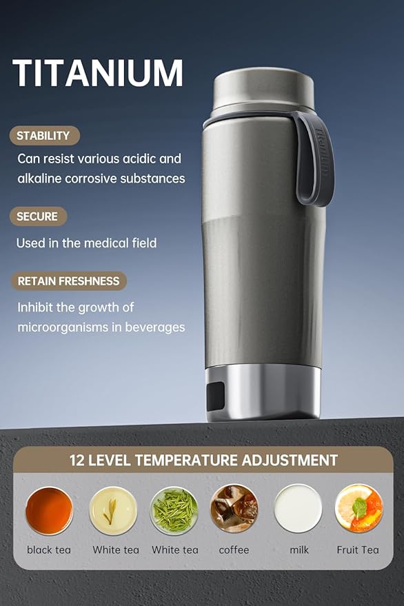 Pure Titanium Travel Kettle, 380ML Portable Electric Kettle, 12 Temp Presets, Dual Voltage 100-240V, Temp Control, Fast Boil, BPA-Free, Leak-Proof for Tea, Coffee, Baby Formula, Office & Hotel