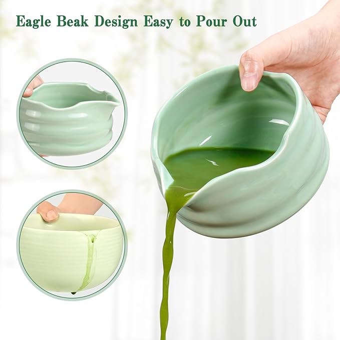 Matcha Whisk Set: 7 Pcs Ceramic Matcha Set with Bowl, Whisk, Holder, Scoop, Sifter, Rest & Towel – Japanese Matcha Kit Gift (Green)