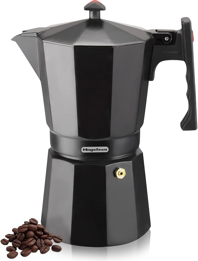 Magefesa Colombia Noir Stovetop Espresso Moka Pot, 12-Cup/20 oz, Italian Coffee Maker for Cuban Coffee, Extra-Thick Aluminum, Heat-Resistant Handle, Safe & Easy-to-Use, Greca Coffee Maker