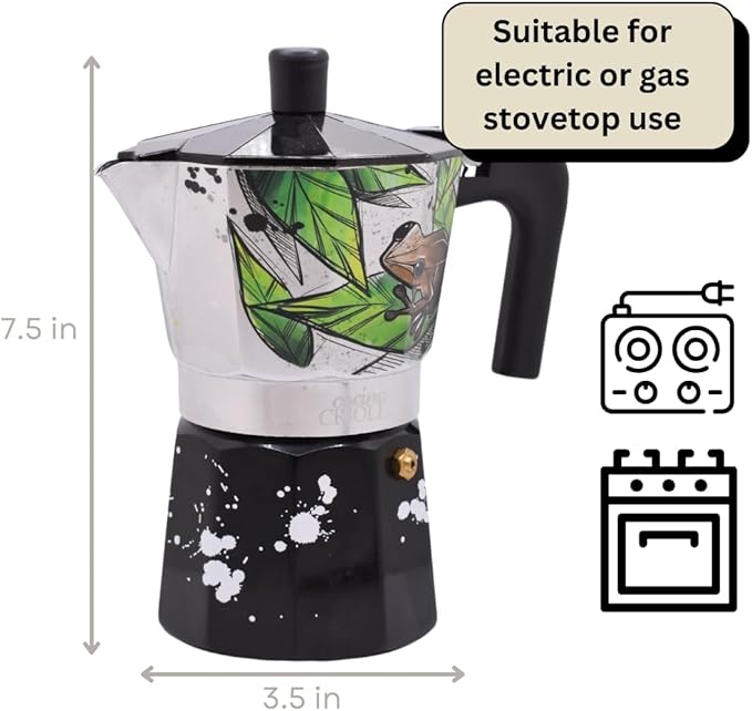 Puerto Rico Greca de Cafe Gift Set | Boricua Art by Joshua Montes Stovetop Coffee pot & Moka Pot with Authentic Café El Coqui and a Wooden Spoon | Cafetera | El Coqui, 6 Espresso Cups