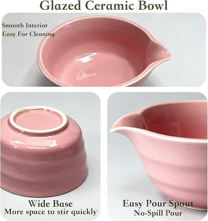 5Pcs Japanese Matcha Tea Set - Ceramic Bowl with Spout & Holder, Bamboo Whisk (Chasen), Scoop, Sifter - Complete Traditional Tea Ceremony Kit for Beginners, Gift for Tea Lovers(Pink)