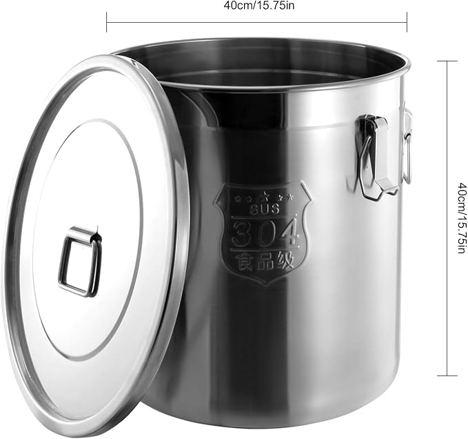 304 Stainless Steel Airtight Canister, Kitchen Metal Food Storage Canisters w/Airtight Lid & Locking Clamp, Cereal Container for Rice Flour Milk Coffee Bean, Silver (48L)