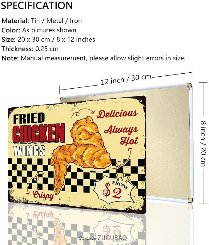 Fried Chicken Wings Tin Signs Vintage Metal Sign Funny Food Art Printing Poster Wall Decor for Home Kitchen Bar Restaurant Cafe Pub Indoor Outdoor 12x8 Inch Hanging Plaque - Image 2