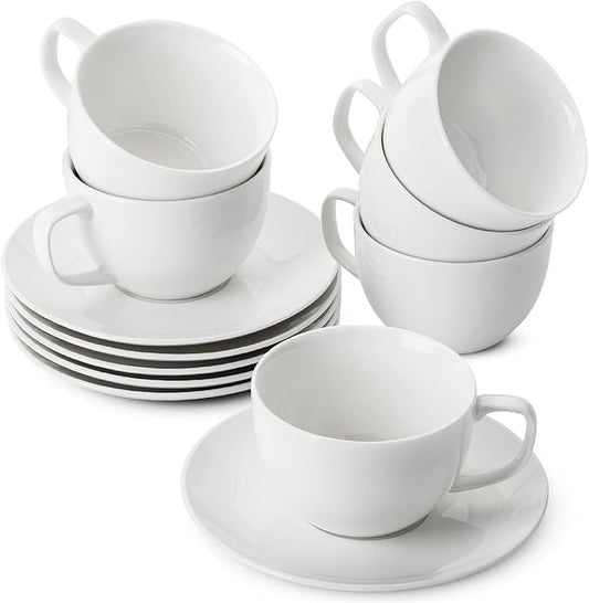 BTaT- Cappuccino Cups with Saucers 6 oz, Set of 6, White Porcelain Coffee Cup and Saucer Set for Latte, Mocha, Tea, Au Lait, Flat White, Dishwasher, Microwave, Freezer and Oven Safe