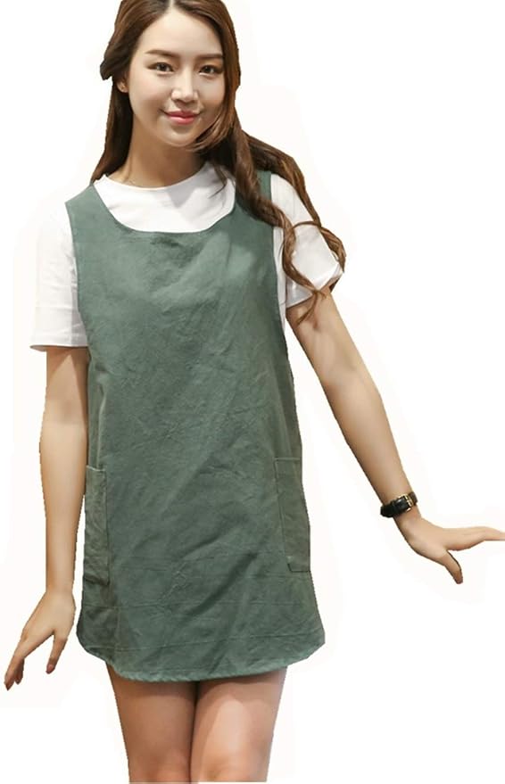Shortened Design Apron, Japanese Style Soft Cotton Linen Apron with Two Side Pockets, X Cross Halter Aprons, Kitchen Cooking Clothes Gift for Women DIY Project, Crafting, Cooking, Baking(Army Green ) - Image 2