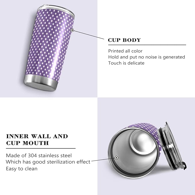 Tumbler Cute Polka Dot Purple Insulated Coffee Cup Beverage Container Travel Mug with Straw and Lid Double Wall Stainless Steel 20oz BPA-Free for Sport, Back to School