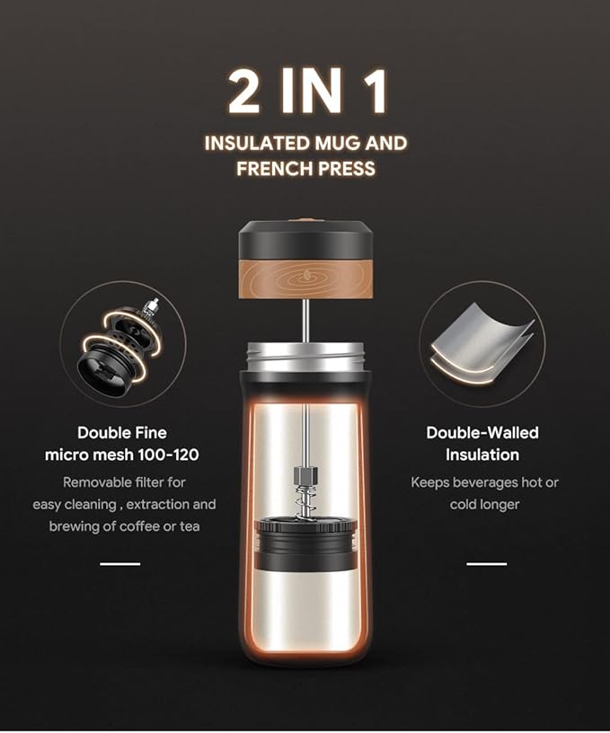 BENFUCHEN Portable French Press Coffee Maker Car-Go Vacuum Insulated Bottle, Travel French Coffee Maker With Unique Filter Stainless Steel Tea/Coffee Mug For Camping, 320ML