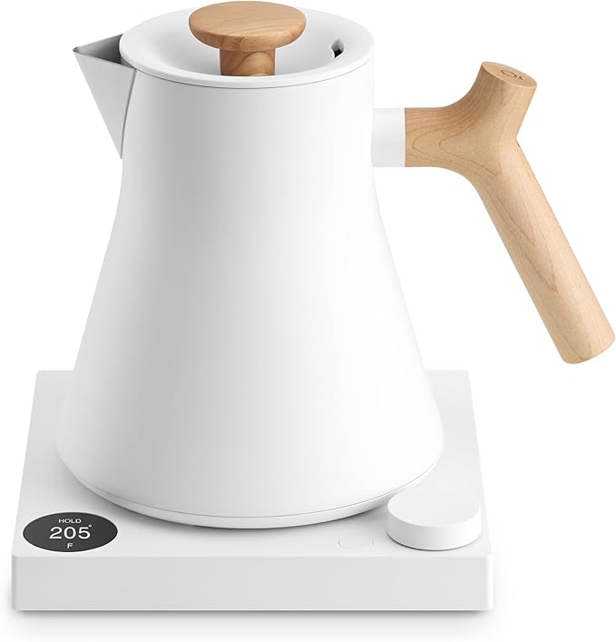 Fellow Corvo EKG Pro Electric Tea Kettle - Quick Heating, Precise Temperature Control Electric Kettle, Scheduling, Built-in Brew Timer for Boiling Water - Matte White with Maple Handle - 0.9 Liter