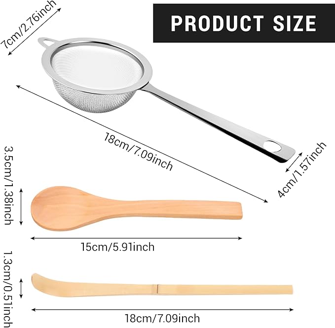 2 Pcs Matcha Strainer, Stainless Steel Matcha Sifter with Handles, Small Strainer Fine Mesh with Tea Spoon and Scoop