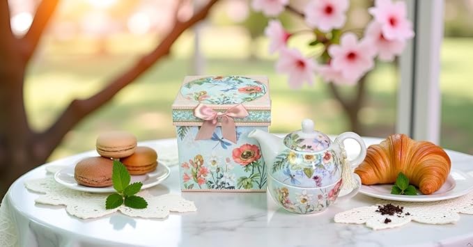 Lightahead Bone China Tea for One Set in Floral Design, in attractive Reusable Handmade Gift Box (With Ribbon)