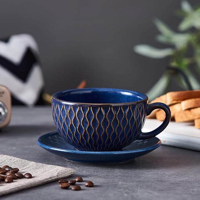 Vintage Design 12 oz Ceramic Latte Art Cappuccino Barista Cup with Saucer (Embossed Blue)