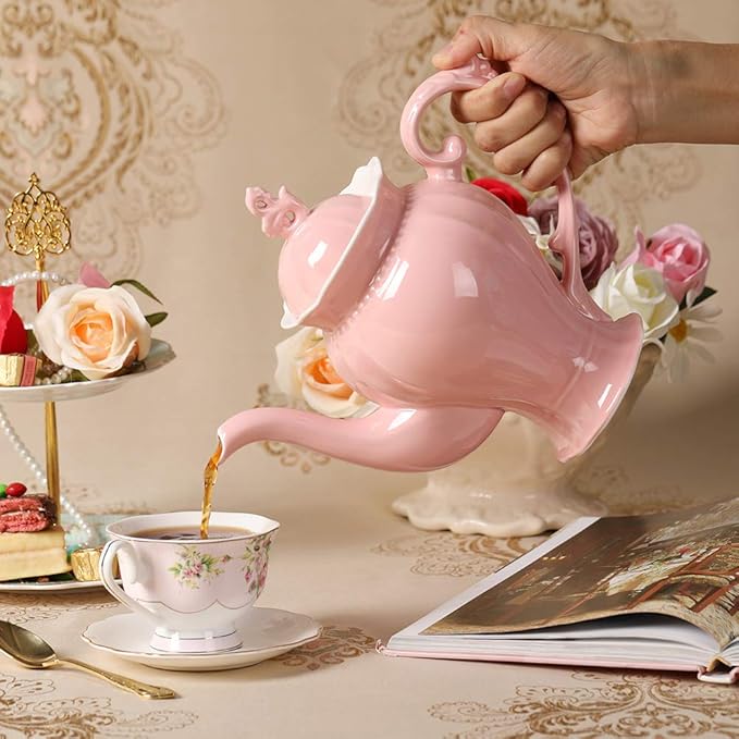Fine Porcelain Pink English Teapot, Coffee Pot, Victoria Style, Light Weight, 37 Oz