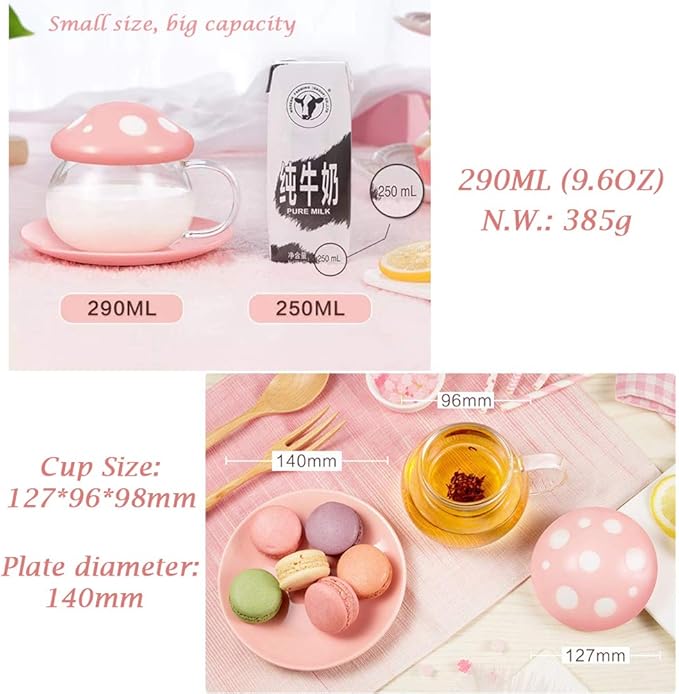 Mushroom Tea Cup Set, Cute Glass Tea Cups and Saucers, Kawaii Tea Cup with Infuser for Loose Leaf Tea Steeper, Coffee Mug Christmas Gifts for Women,Tea Infuser Mug with Lid for Mother Girls (Blue)