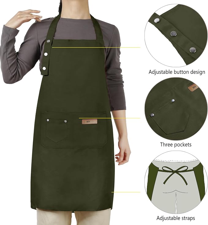 Hongsome Adjustable Button Apron for Women Men Artist Painting Pottery Garden Cooking Kitchen Chef 3 Pockets Waterproof M-XXL - Image 4