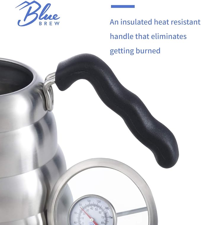 Blue Brew Gooseneck Kettle Stovetop, Tea Pot with Thermometer, 40oz Pour Over Coffee Maker for Coffee & Tea, Stainless Steel Coffee Kettle, Compatible with Electric Stove & Gas Stove (BB1201)