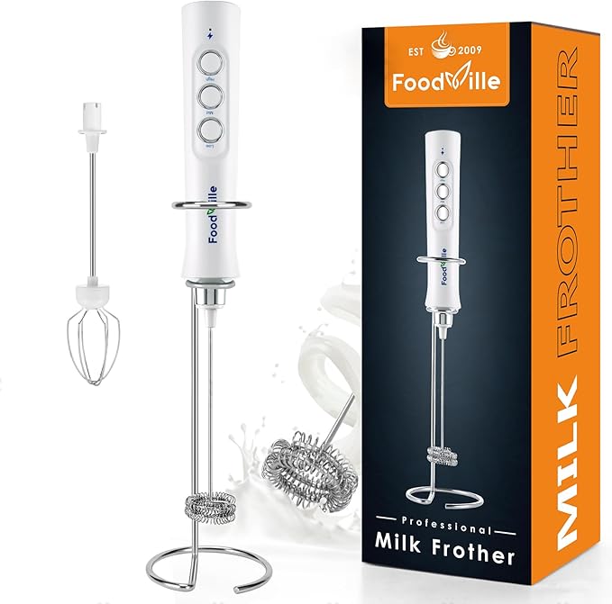 MF02 Rechargeable Milk Frother Handheld Foam Maker with Stainless Whisk for Cappuccino, Latte, Bulletproof Coffee, Keto Diet, Protein Powder, Matcha (Pure White)
