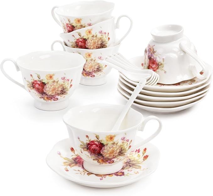 Foraineam Floral Tea Cup with Saucers and Spoons Set of 6 - Coffee Cups and Saucers with Gold Trim - 6 oz Porcelain Ivory Latte Cup and Espresso Mug for Coffee Drinks and Tea