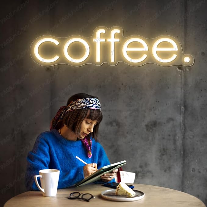 Coffee Neon Sign (24x6'' - Remote and Plug included) Cafe Led Light coffee. led light coffee shop decorations wall decor (24x6'', Warm White)