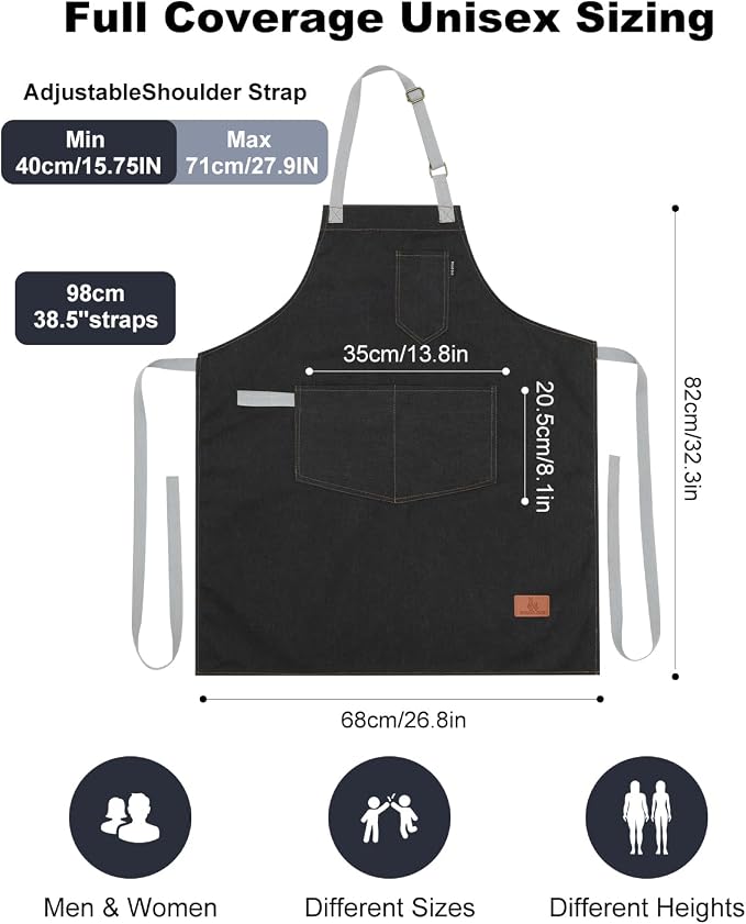Chef Apron w/Pockets, Adjustable Strap for Cooking & Gardening | Equipped with 3 Large Multi-use Pockets, Wear-Resistant Fabric, Easy Clean, Ideal for BBQ Baking Craft for Men Women - Image 4
