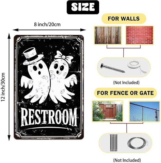 Vintage Halloween Ghost ''Restroom'' Metal Tin Sign - 8x12 Inch, Cute Ghost Bathroom Sign For Toilet, Cafe, Garage, Office Decor, Halloween Party Accessories, Halloween Decor - Image 2