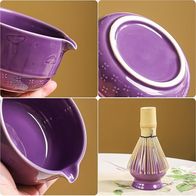 Matcha Set, 8-Piece Ceramic Matcha Bowl & Whisk Kit with Mushroom Pattern, Traditional Japanese Chawan, Bamboo Chasen, Scoop & Sifter, Gift for Tea Lovers, Zen Tea Ceremony Accessories (Purple;)