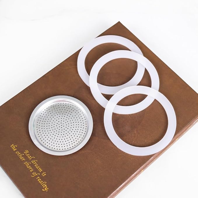 1 Filter and 3 Silicone Gasket Seals Replacement for Aluminium Moka Pot and Stovetop Espresso Coffee Maker (3 Cup)