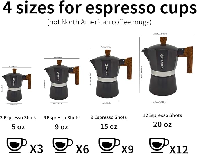 Stovetop Espresso Moka Pot Coffee Maker, Non-slip Wood Grain Handle, Cast Aluminum, Compatible with Gas, and Electric Stoves (Black, 6 cups)