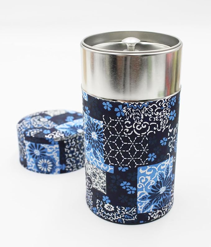 Japanese Pokkan Matcha Coffee Spice Tea Tin Canister Washi Paper Storage with Lid 7.05 oz Capacity (Ai Ichimatsu/L)