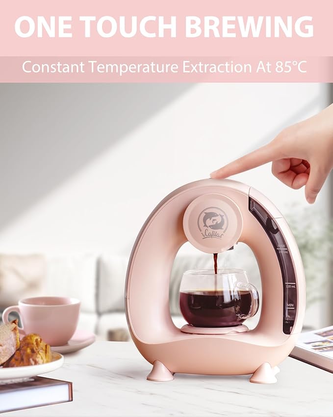 2-in-1 Coffee Maker, Fast Brew in 1.5mins, Single Serve Coffee Machine Compatible with K-Cup Pods & Ground Coffee, 1400W with 20s Preheat, Compact for Home,Small Place,Office & RV, 8oz,Pink