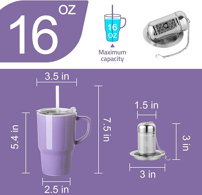 Sweejar Ceramic Tea Cup with Lid, 16 OZ Portable Coffee Mug, Dishwasher Safe Travel Mug with Infuser, Reusable Teacup for Car Cup Holder, Tea Lovers(Purple)