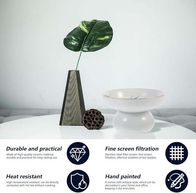 DOITOOL Porcelain Tea Strainer with Base Integrated Ceramic Tea Filter White Simply Style Two