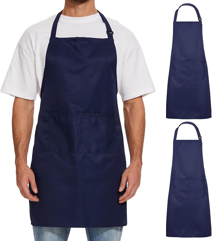Will Well Kitchen 2 Pack Bib Apron For Men & Women with 2 Pockets - Navy | Unisex 33'' x 27'' Oil & Water Resistant Soft Kitchen Chef Apron with Adjustable Neck Strap & 38'' Waist Ties for Snug Fit by WillWell