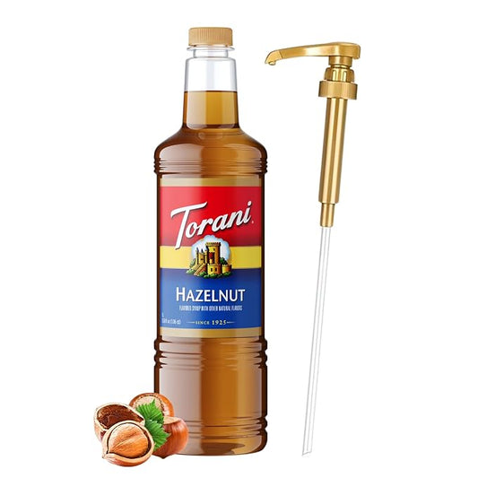 Torani Hazelnut Syrup 1 Liter Bottle with Pump – Premium Coffee Flavoring Made with Pure Cane Sugar & Natural Flavors for Lattes, Cappuccinos, Desserts, Cocktails & More – Rich Nutty Sweetener by Torani